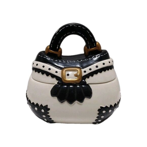 Davids Cookies Mini Purse Shaped Ceramic Jar Black White Repurpose Decor Jewelry - Picture 1 of 15